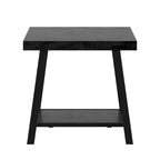 Tavolino finale rustico con base a X, bordo vivo e impiallacciatura in legno di quercia/marrone/grigio/nero/cemento, con ripiano, per 1 persona