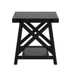 Tavolino finale rustico con base a X, bordo vivo e impiallacciatura in legno di quercia/marrone/grigio/nero/cemento, con ripiano, per 1 persona
