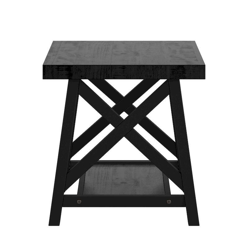 Tavolino finale rustico con base a X, bordo vivo e impiallacciatura in legno di quercia/marrone/grigio/nero/cemento, con ripiano, per 1 persona