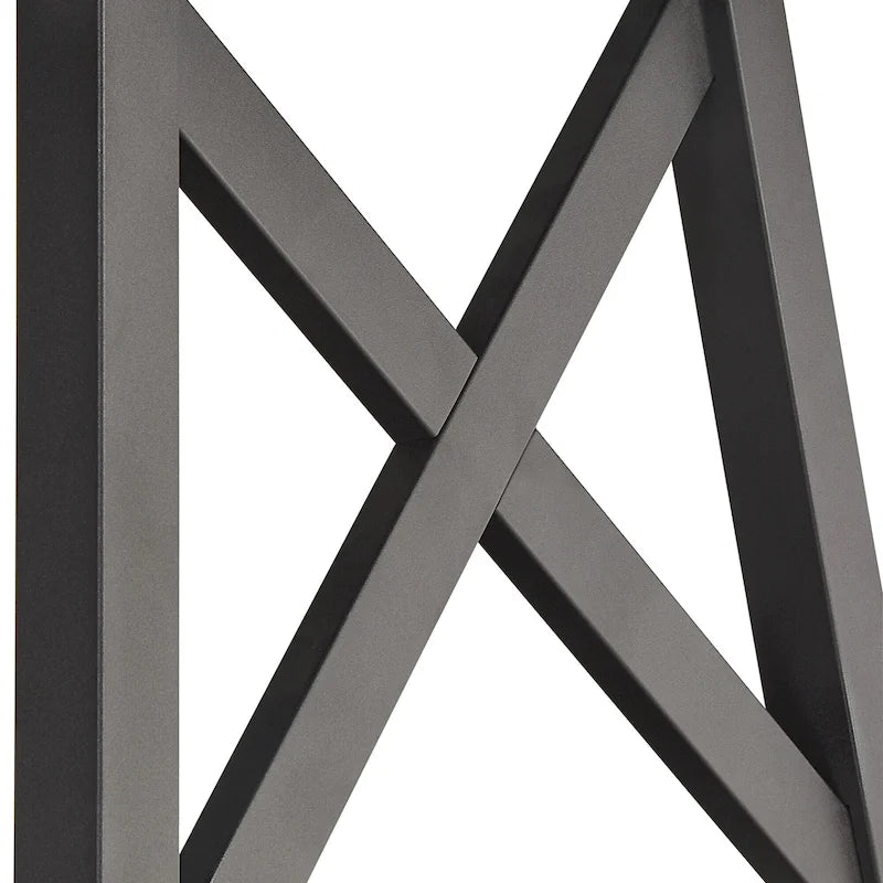 Tavolino finale rustico con base a X, bordo vivo e impiallacciatura in legno di quercia/marrone/grigio/nero/cemento, con ripiano, per 1 persona