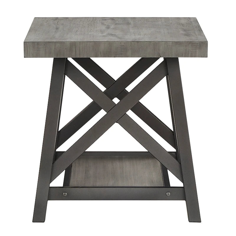 Tavolino finale rustico con base a X, bordo vivo e impiallacciatura in legno di quercia/marrone/grigio/nero/cemento, con ripiano, per 1 persona