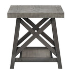 Tavolino finale rustico con base a X, bordo vivo e impiallacciatura in legno di quercia/marrone/grigio/nero/cemento, con ripiano, per 1 persona