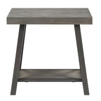 Tavolino finale rustico con base a X, bordo vivo e impiallacciatura in legno di quercia/marrone/grigio/nero/cemento, con ripiano, per 1 persona