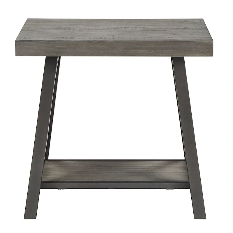 Tavolino finale rustico con base a X, bordo vivo e impiallacciatura in legno di quercia/marrone/grigio/nero/cemento, con ripiano, per 1 persona