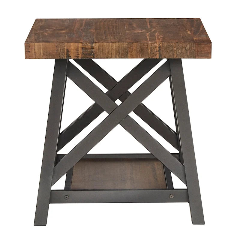 Tavolino finale rustico con base a X, bordo vivo e impiallacciatura in legno di quercia/marrone/grigio/nero/cemento, con ripiano, per 1 persona
