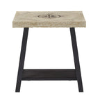 Tavolino finale rustico con base a X, bordo vivo e impiallacciatura in legno di quercia/marrone/grigio/nero/cemento, con ripiano, per 1 persona