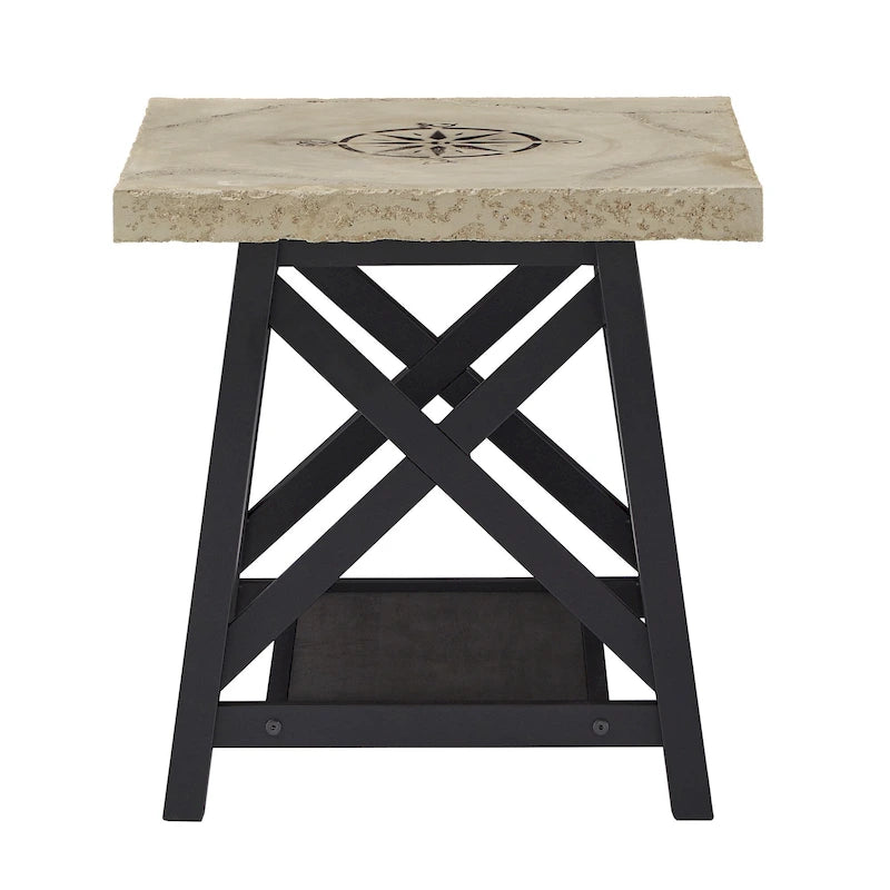Tavolino finale rustico con base a X, bordo vivo e impiallacciatura in legno di quercia/marrone/grigio/nero/cemento, con ripiano, per 1 persona