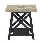 Tavolino finale rustico con base a X, bordo vivo e impiallacciatura in legno di quercia/marrone/grigio/nero/cemento, con ripiano, per 1 persona