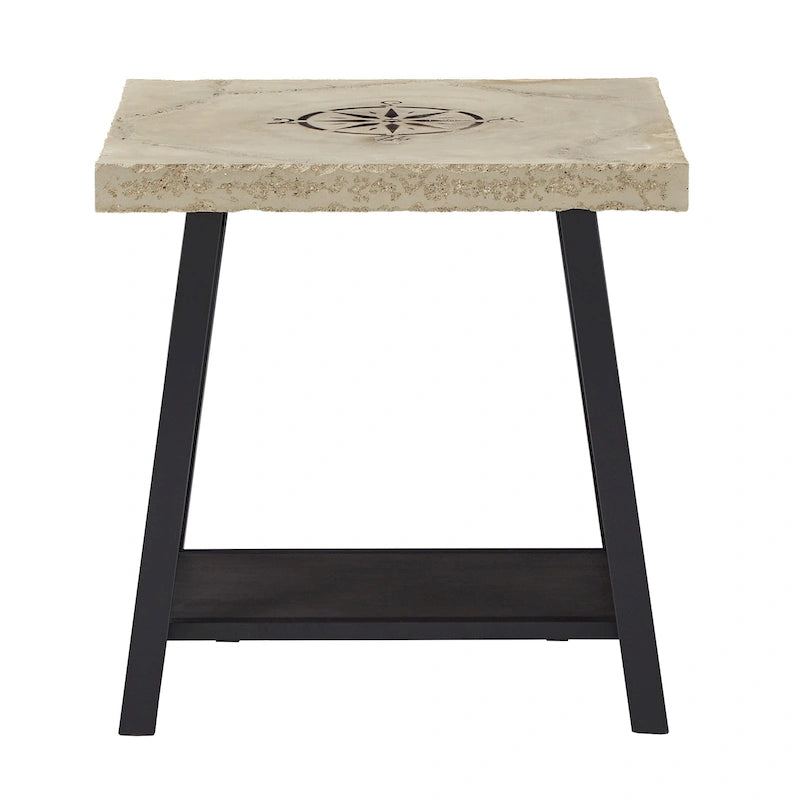 Tavolino finale rustico con base a X, bordo vivo e impiallacciatura in legno di quercia/marrone/grigio/nero/cemento, con ripiano, per 1 persona