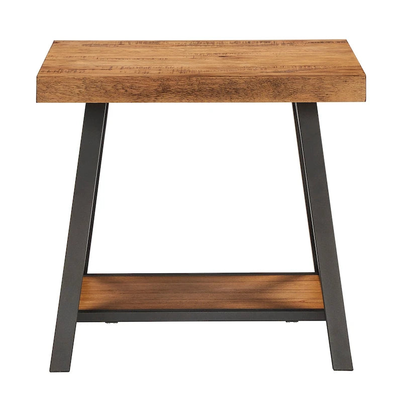 Tavolino finale rustico con base a X, bordo vivo e impiallacciatura in legno di quercia/marrone/grigio/nero/cemento, con ripiano, per 1 persona