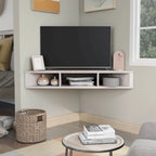 Mobile TV angolare sospeso con 3 ripiani, finitura rovere bianco/grigio anticato/verde salvia, per 1 persona