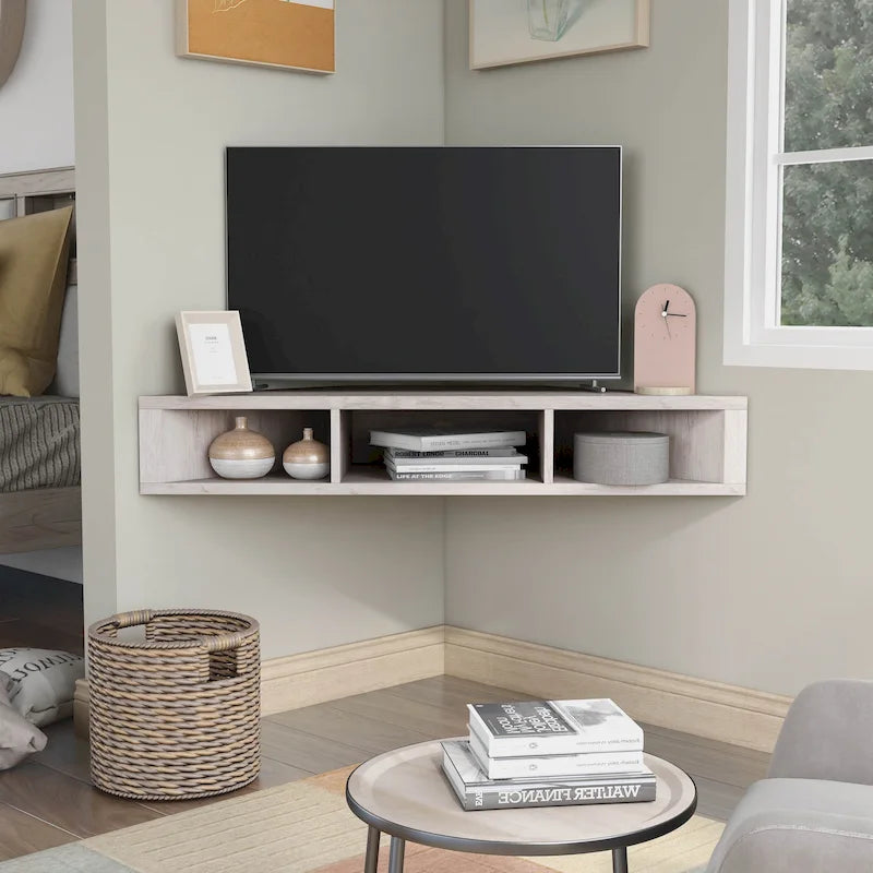 Mobile TV angolare sospeso con 3 ripiani, finitura rovere bianco/grigio anticato/verde salvia, per 1 persona