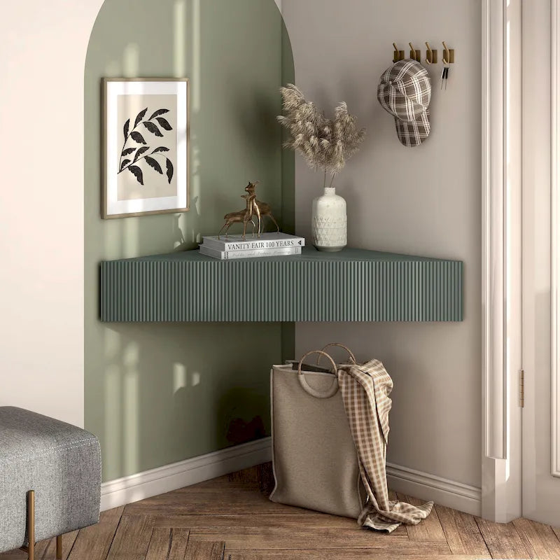 Mobile TV angolare sospeso con 3 ripiani, finitura rovere bianco/grigio anticato/verde salvia, per 1 persona
