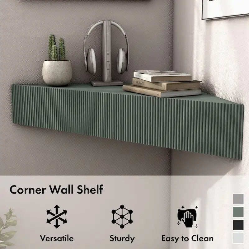 Mobile TV angolare sospeso con 3 ripiani, finitura rovere bianco/grigio anticato/verde salvia, per 1 persona
