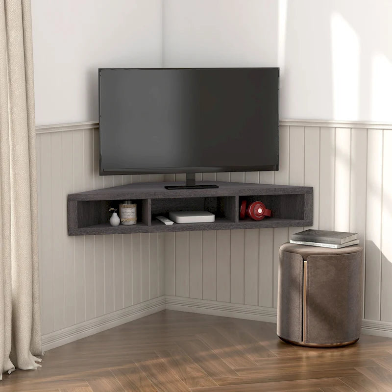 Mobile TV angolare sospeso con 3 ripiani, finitura rovere bianco/grigio anticato/verde salvia, per 1 persona