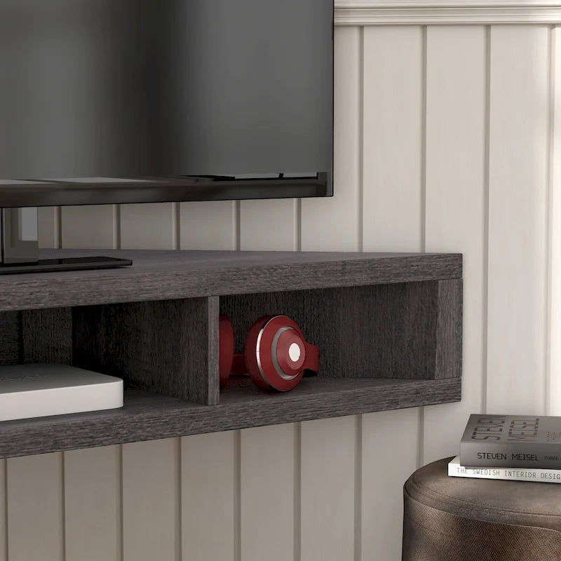 Mobile TV angolare sospeso con 3 ripiani, finitura rovere bianco/grigio anticato/verde salvia, per 1 persona