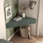Mobile TV angolare sospeso con 3 ripiani, finitura rovere bianco/grigio anticato/verde salvia, per 1 persona