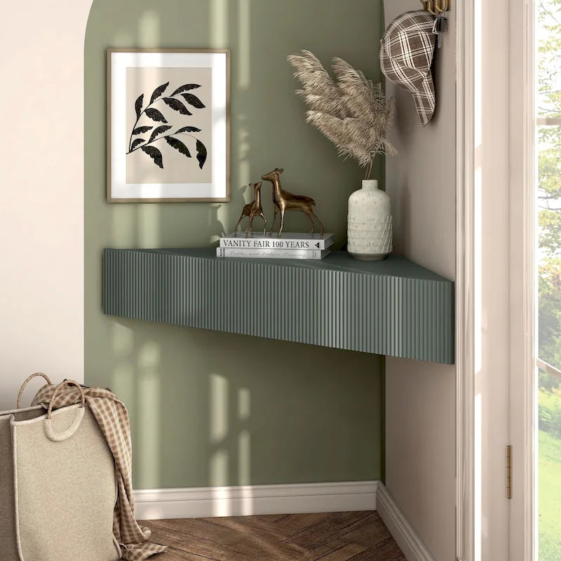 Mobile TV angolare sospeso con 3 ripiani, finitura rovere bianco/grigio anticato/verde salvia, per 1 persona