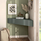 Mobile TV angolare sospeso con 3 ripiani, finitura rovere bianco/grigio anticato/verde salvia, per 1 persona
