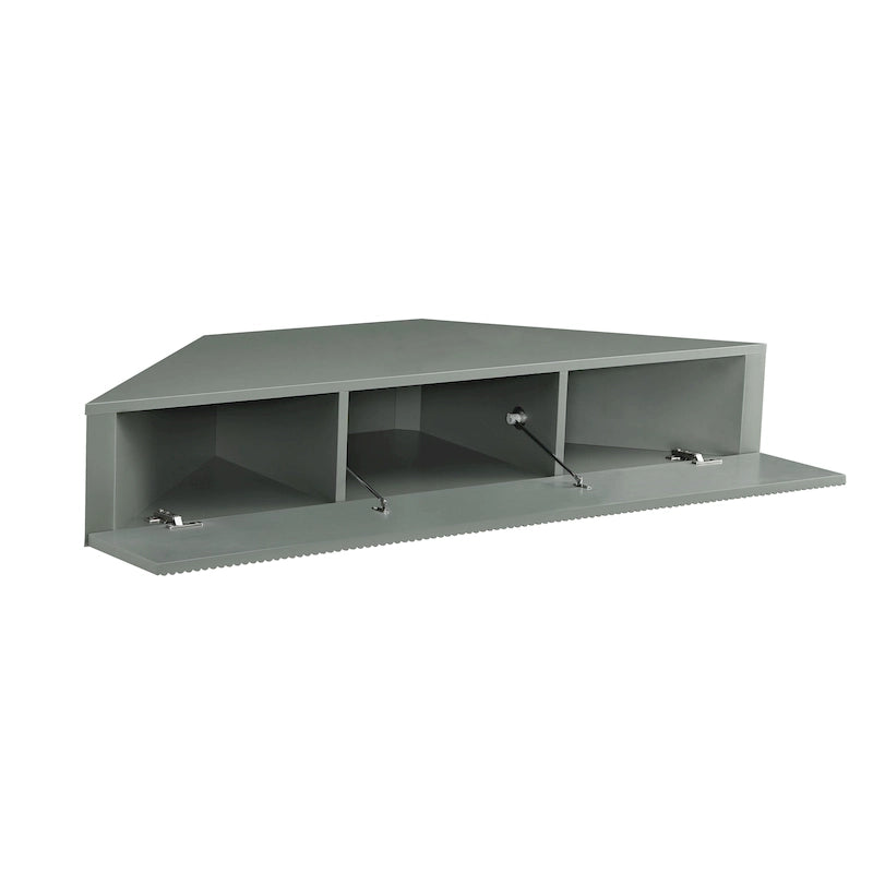 Mobile TV angolare sospeso con 3 ripiani, finitura rovere bianco/grigio anticato/verde salvia, per 1 persona