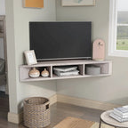 Mobile TV angolare sospeso con 3 ripiani, finitura rovere bianco/grigio anticato/verde salvia, per 1 persona