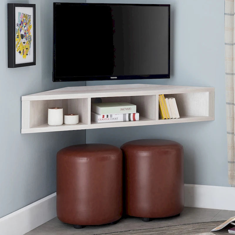 Mobile TV angolare sospeso con 3 ripiani, finitura rovere bianco/grigio anticato/verde salvia, per 1 persona