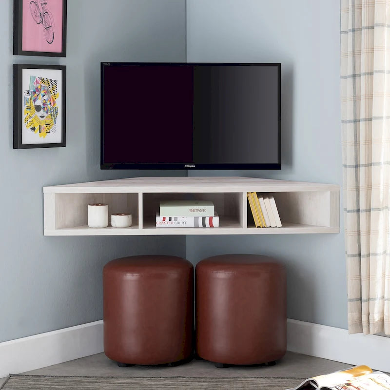 Mobile TV angolare sospeso con 3 ripiani, finitura rovere bianco/grigio anticato/verde salvia, per 1 persona