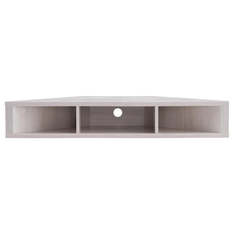 Mobile TV angolare sospeso con 3 ripiani, finitura rovere bianco/grigio anticato/verde salvia, per 1 persona