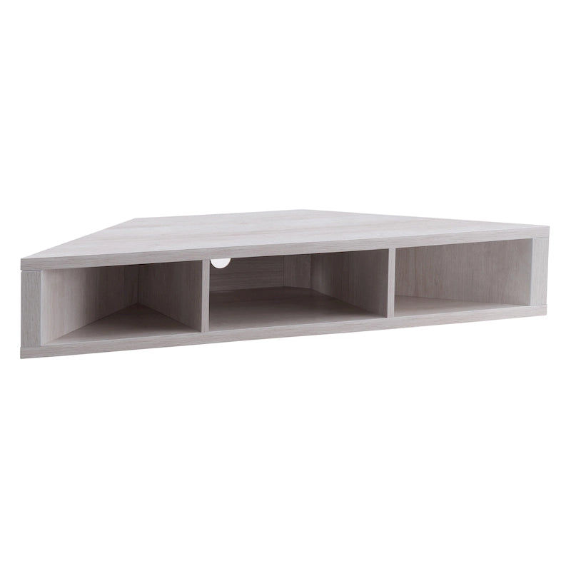 Mobile TV angolare sospeso con 3 ripiani, finitura rovere bianco/grigio anticato/verde salvia, per 1 persona