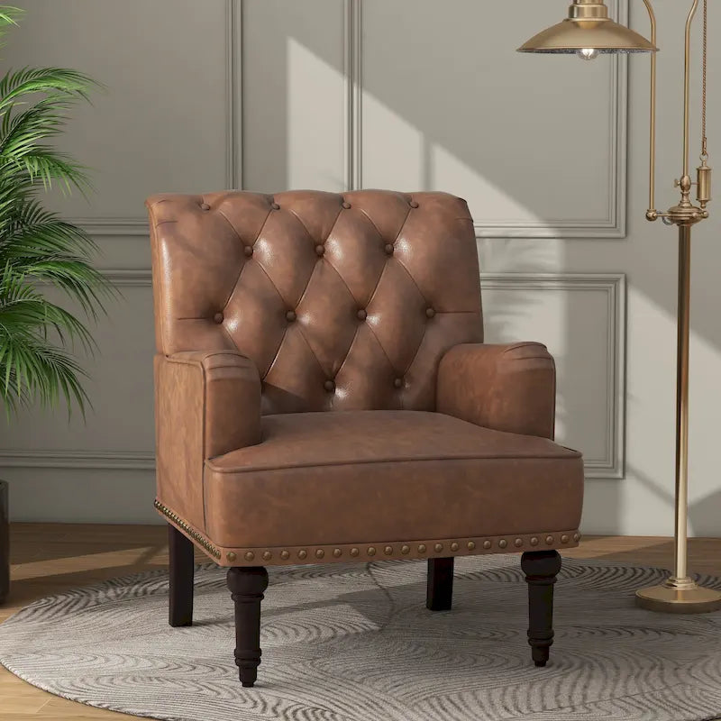 Poltroncina d'appoggio trapuntata in pelle sintetica beige/marrone/nera con dettagli borchiati e gambe intagliate, per 1 persona