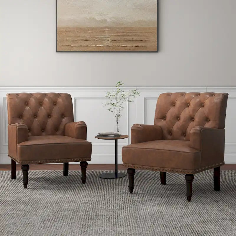 Poltroncina d'appoggio trapuntata in pelle sintetica beige/marrone/nera con dettagli borchiati e gambe intagliate, per 1 persona