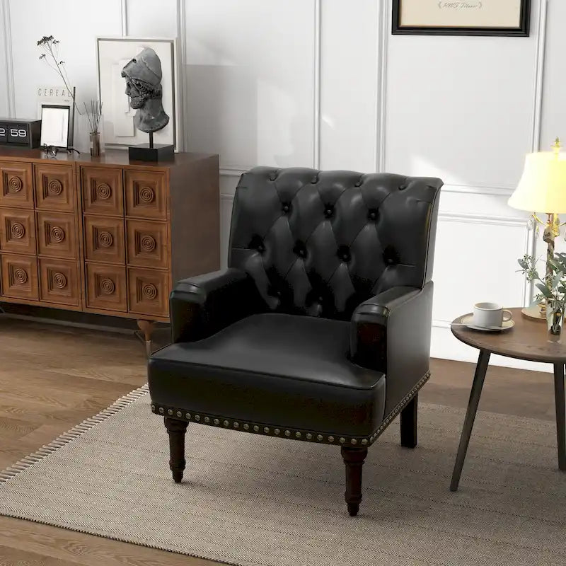 Poltroncina d'appoggio trapuntata in pelle sintetica beige/marrone/nera con dettagli borchiati e gambe intagliate, per 1 persona