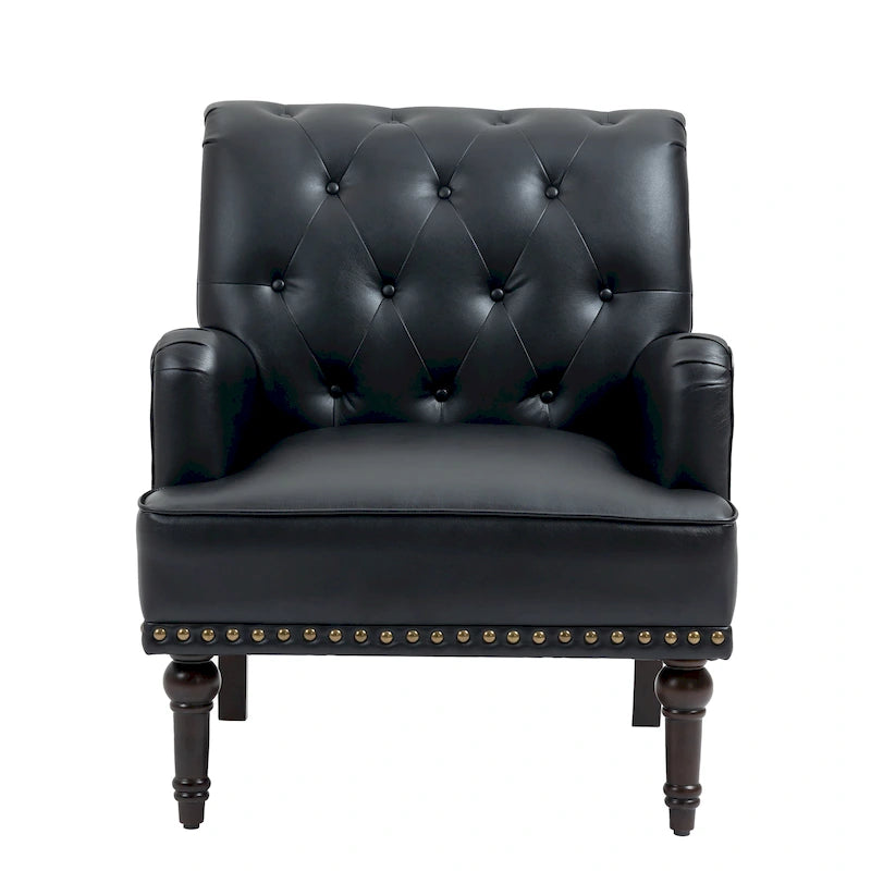 Poltroncina d'appoggio trapuntata in pelle sintetica beige/marrone/nera con dettagli borchiati e gambe intagliate, per 1 persona