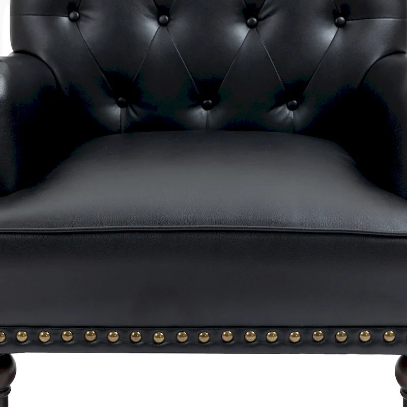Poltroncina d'appoggio trapuntata in pelle sintetica beige/marrone/nera con dettagli borchiati e gambe intagliate, per 1 persona