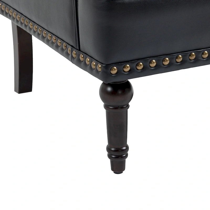 Poltroncina d'appoggio trapuntata in pelle sintetica beige/marrone/nera con dettagli borchiati e gambe intagliate, per 1 persona