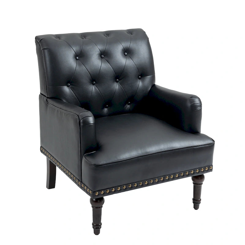 Poltroncina d'appoggio trapuntata in pelle sintetica beige/marrone/nera con dettagli borchiati e gambe intagliate, per 1 persona