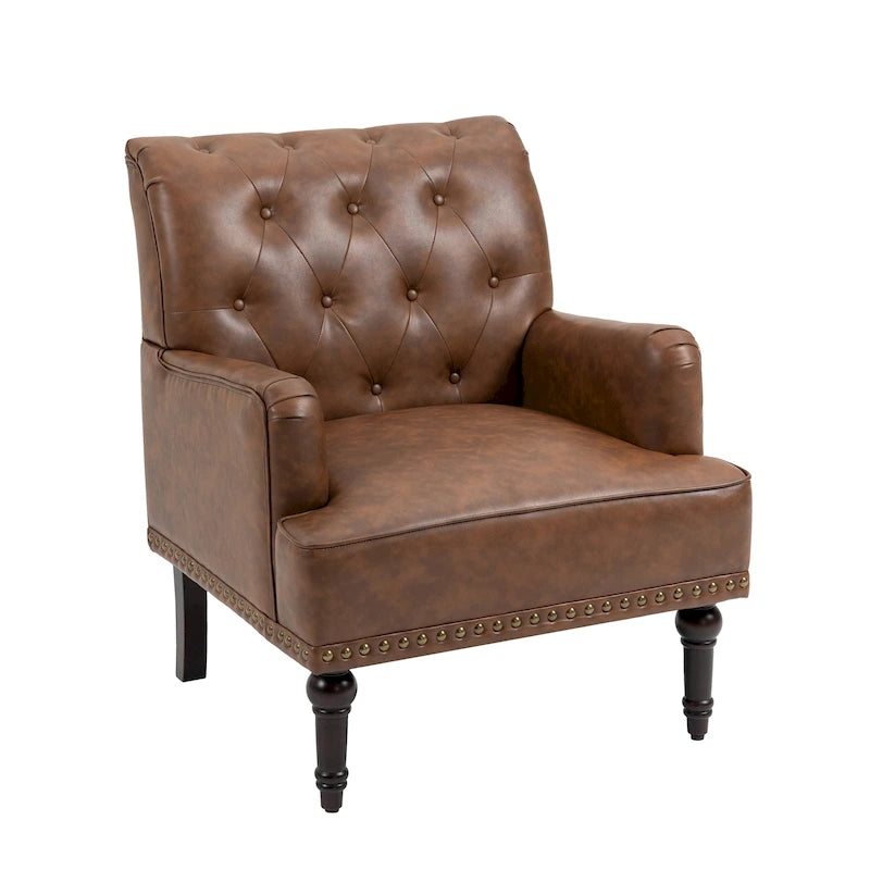 Poltroncina d'appoggio trapuntata in pelle sintetica beige/marrone/nera con dettagli borchiati e gambe intagliate, per 1 persona