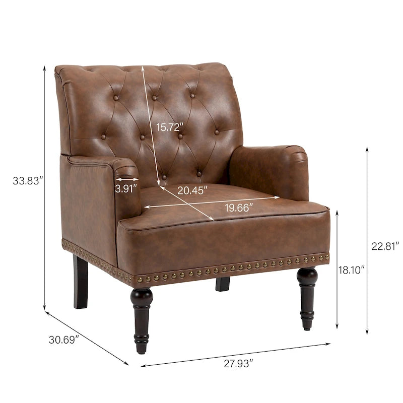 Poltroncina d'appoggio trapuntata in pelle sintetica beige/marrone/nera con dettagli borchiati e gambe intagliate, per 1 persona