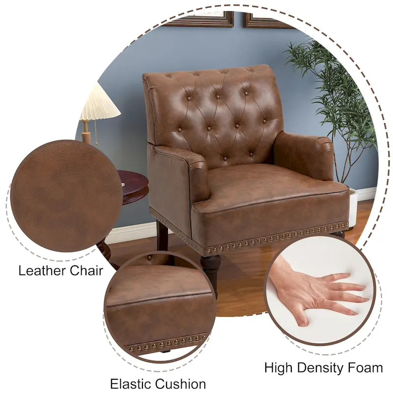 Poltroncina d'appoggio trapuntata in pelle sintetica beige/marrone/nera con dettagli borchiati e gambe intagliate, per 1 persona