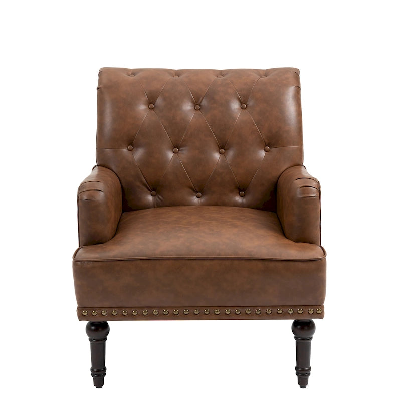 Poltroncina d'appoggio trapuntata in pelle sintetica beige/marrone/nera con dettagli borchiati e gambe intagliate, per 1 persona