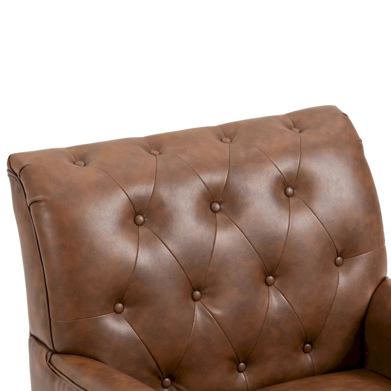Poltroncina d'appoggio trapuntata in pelle sintetica beige/marrone/nera con dettagli borchiati e gambe intagliate, per 1 persona