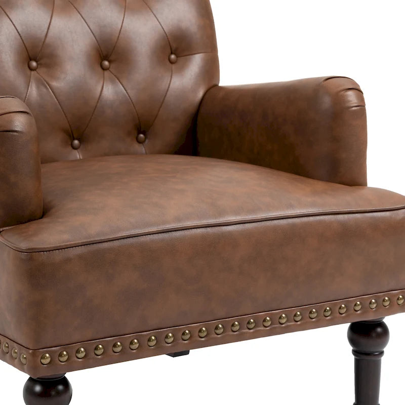 Poltroncina d'appoggio trapuntata in pelle sintetica beige/marrone/nera con dettagli borchiati e gambe intagliate, per 1 persona