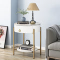Tavolino rotondo con cassetto, ripiano aperto e gambe in metallo per 1 persona, in marmo bianco-oro / marmo bianco-cromo / marrone-nero
