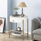 Tavolino rotondo con cassetto, ripiano aperto e gambe in metallo per 1 persona, in marmo bianco-oro / marmo bianco-cromo / marrone-nero