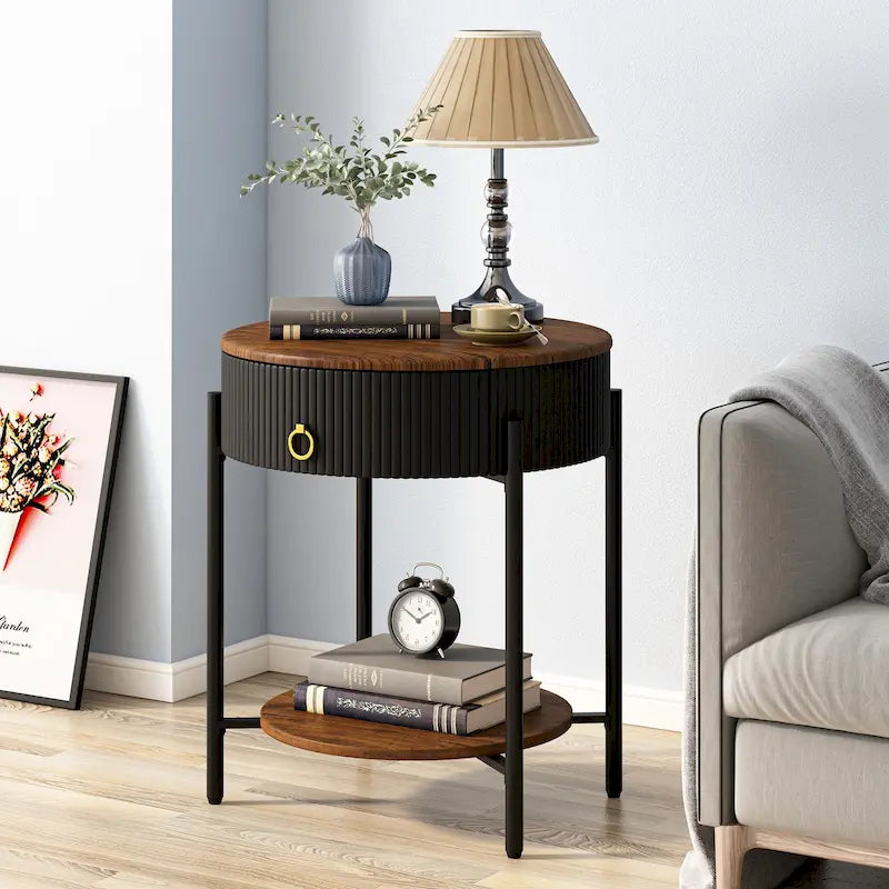 Tavolino rotondo con cassetto, ripiano aperto e gambe in metallo per 1 persona, in marmo bianco-oro / marmo bianco-cromo / marrone-nero