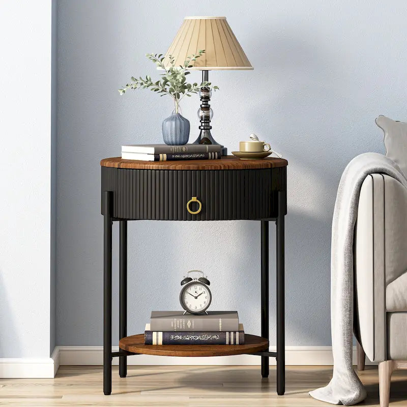 Tavolino rotondo con cassetto, ripiano aperto e gambe in metallo per 1 persona, in marmo bianco-oro / marmo bianco-cromo / marrone-nero