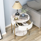 Tavolino rotondo con cassetto, ripiano aperto e gambe in metallo per 1 persona, in marmo bianco-oro / marmo bianco-cromo / marrone-nero