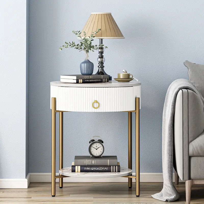 Tavolino rotondo con cassetto, ripiano aperto e gambe in metallo per 1 persona, in marmo bianco-oro / marmo bianco-cromo / marrone-nero