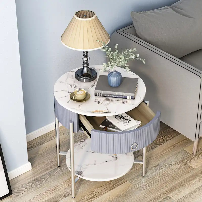 Tavolino rotondo con cassetto, ripiano aperto e gambe in metallo per 1 persona, in marmo bianco-oro / marmo bianco-cromo / marrone-nero