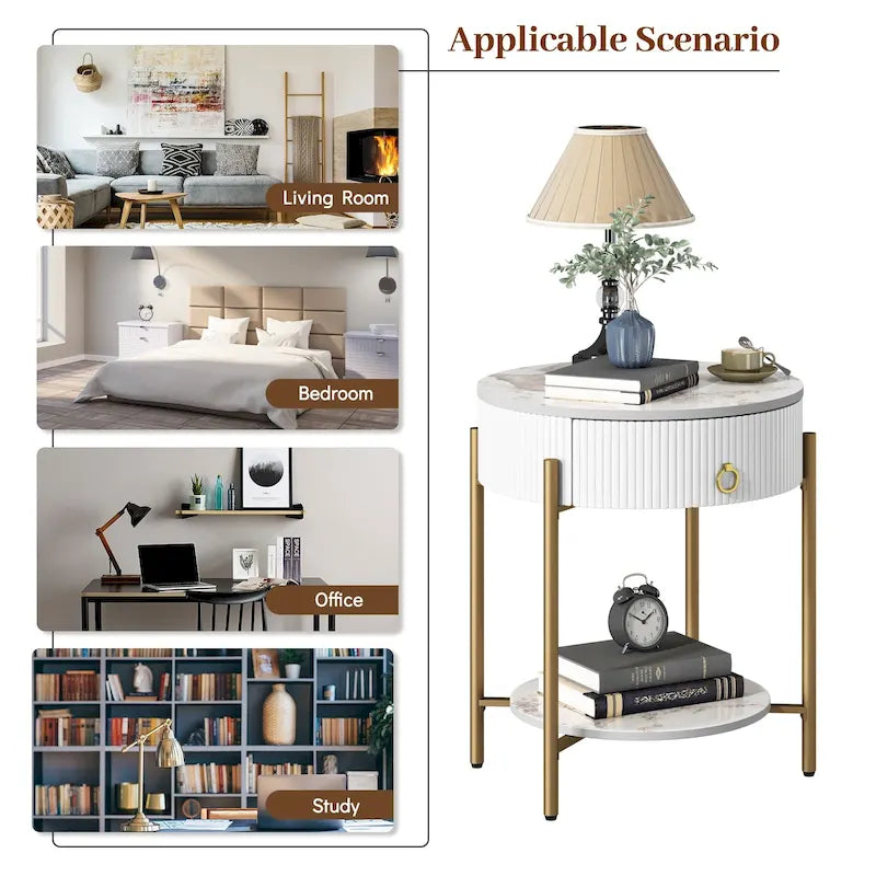Tavolino rotondo con cassetto, ripiano aperto e gambe in metallo per 1 persona, in marmo bianco-oro / marmo bianco-cromo / marrone-nero